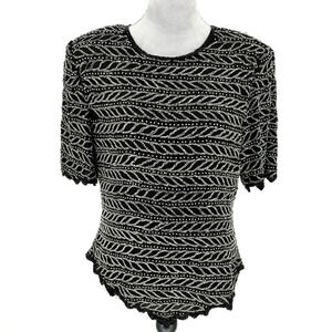 Laurence Kazar Top Plus Size 2X XXL Black Silk Blouse Silver Beads Vintage